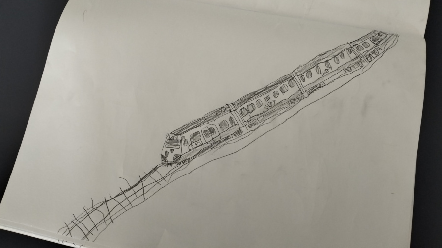 Drawing of a modern train on tracks